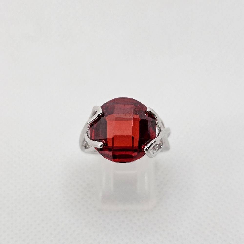 Vintage Large Fancy Cut Red Crystal Ring Sterling Silver Size 7.5!